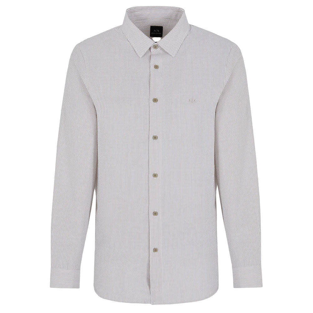 Armani Exchange Seersucker Stripe Long Sleeve Shirt - Roasted Cashew/White