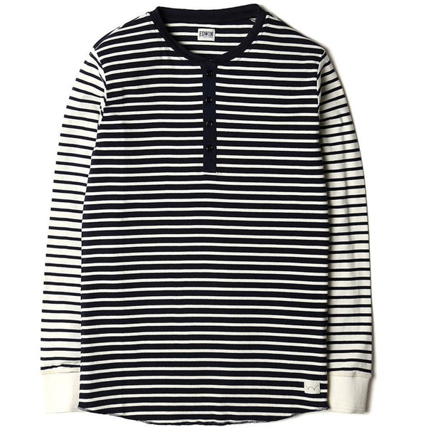 Edwin Thomas Henley Long Sleeve T shirt Navy Off-white - so-ldn