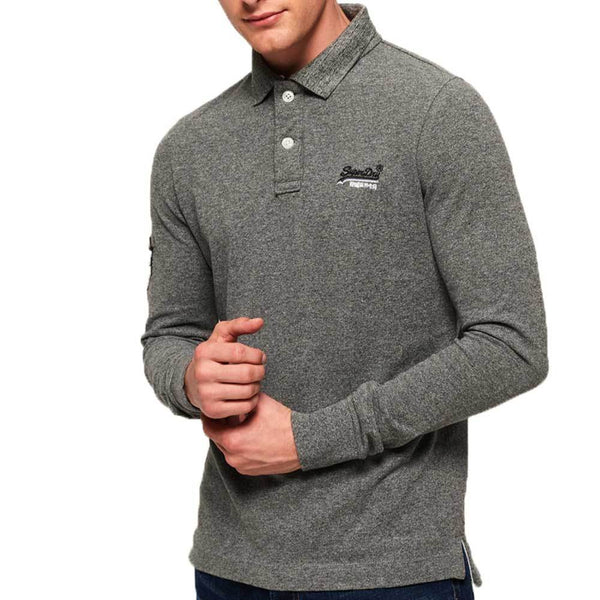 Superdry Classic Long Sleeve Pique Polo Shirt -  Hammer Grey Grit - so-ldn