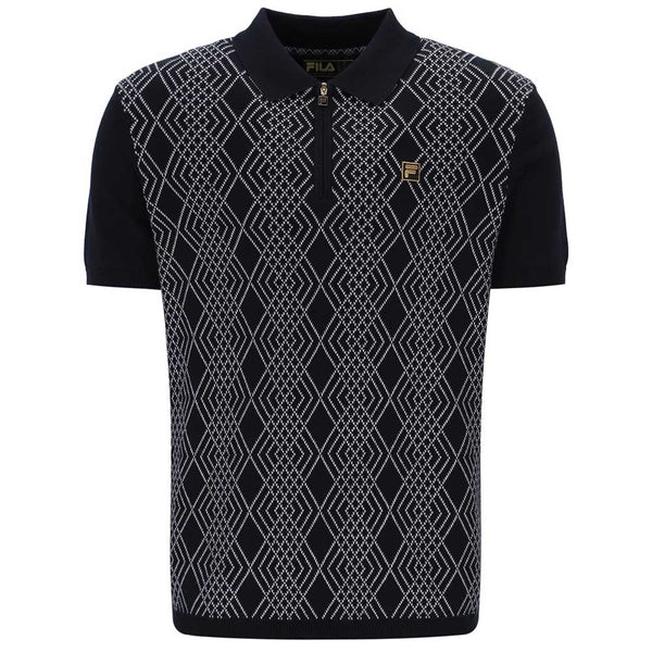 Fila Gold Castello Retro Jacquard Knitted Zip Neck Polo - Black