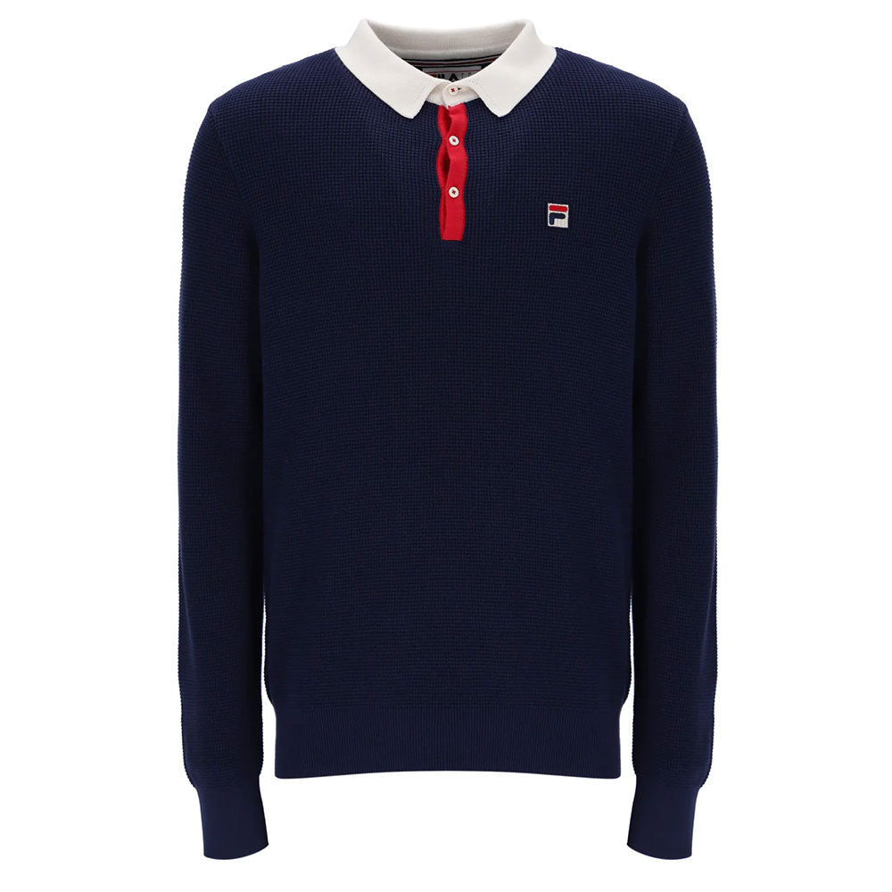 Fila Vintage Nowell Waffle Knitted Longsleeved Polo Shirt - Navy/Gardenia/Red