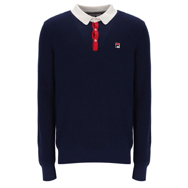 Fila Vintage Nowell Waffle Knitted Longsleeved Polo Shirt - Navy/Gardenia/Red
