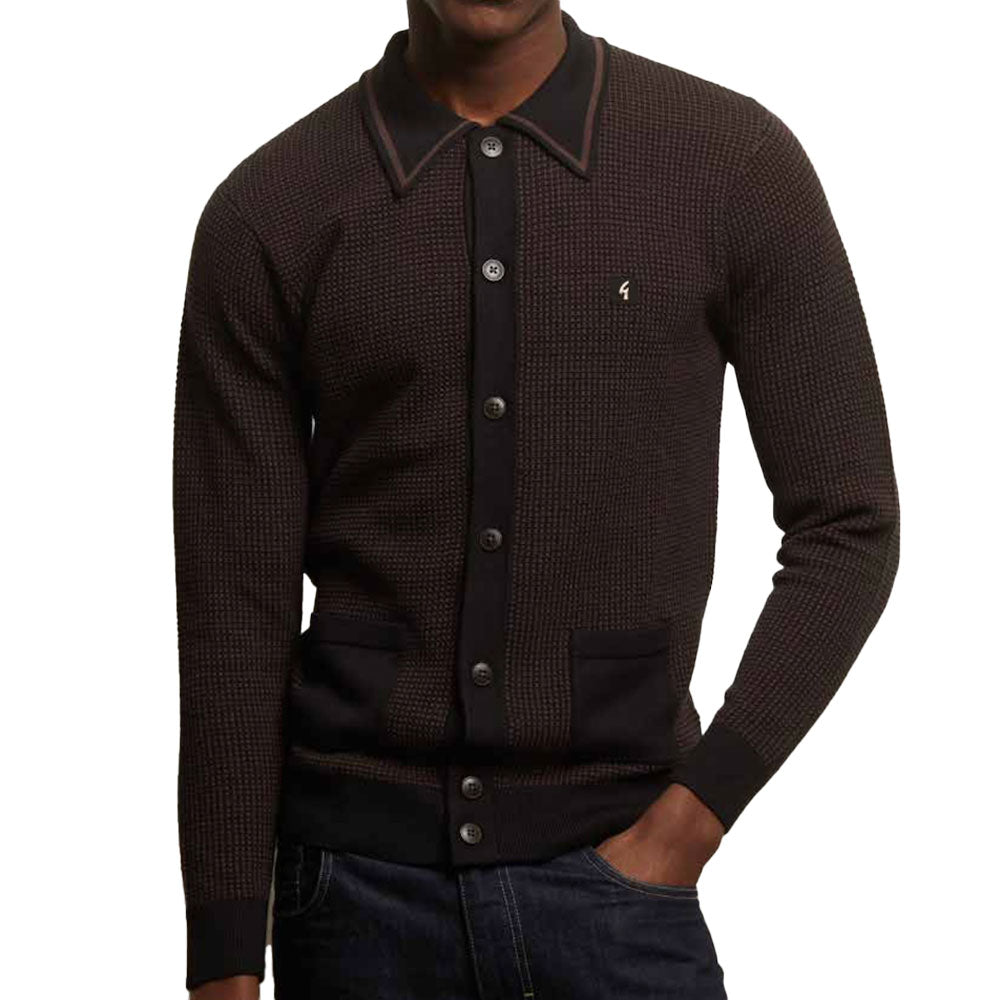 Gabicci Vintage Noel 70s Knitted Button Polo Cardigan V55GM16 - Black