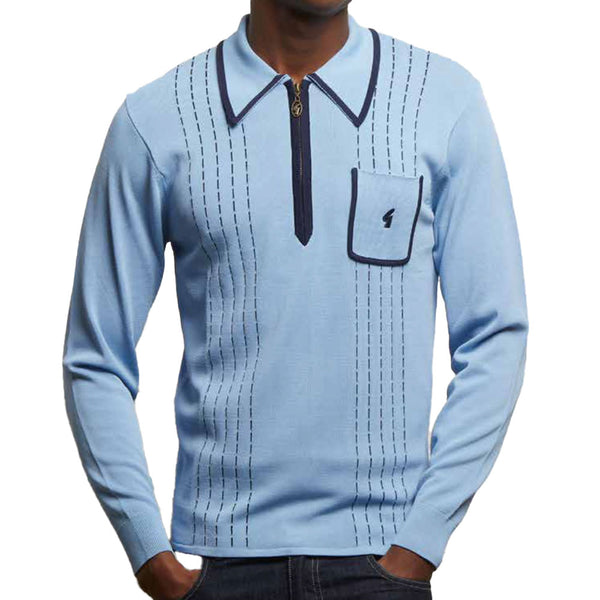 Gabicci Vintage Darron Long sleeve Zip Polo Shirt V55GM25 - Iceberg Blue