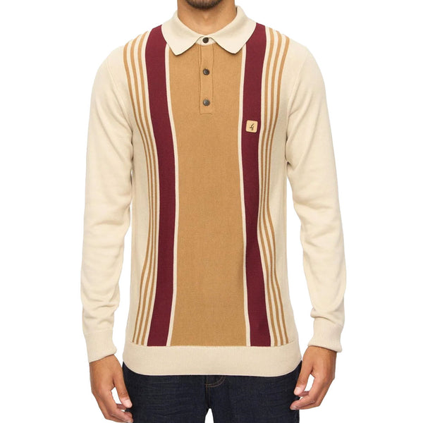 Gabicci Vintage Searle Knitted Long Sleeve Polo Shirt V00GK04 - Brown Nutmeg