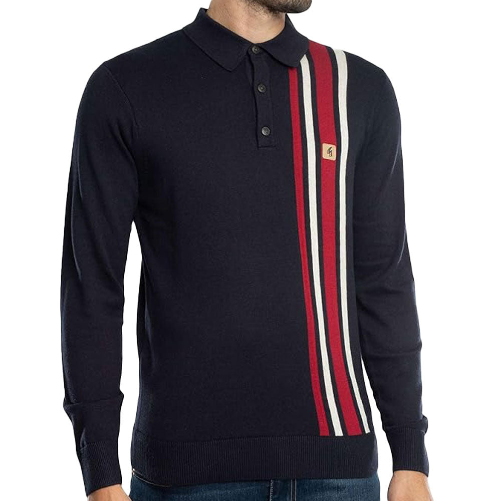 Gabicci Vintage Soda Racing Stripe Knitted Polo Shirt V55GM03 - Navy / Red