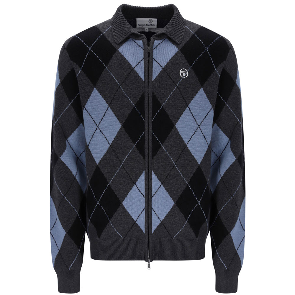 Sergio Tacchini Marco Argyle Knitted Zip Cardigan - Charcoal Marl County Blue
