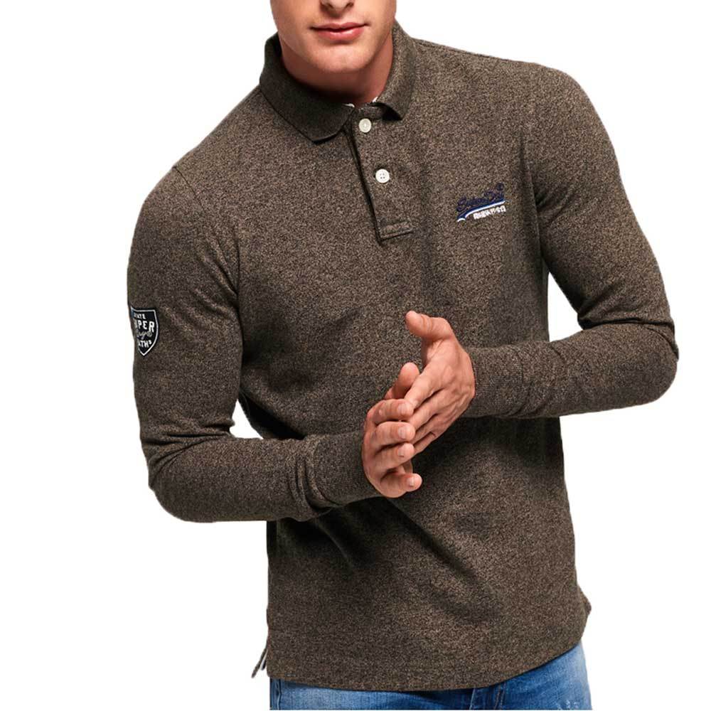 Superdry Classic Long Sleeve Pique Polo Shirt Pebble Brown